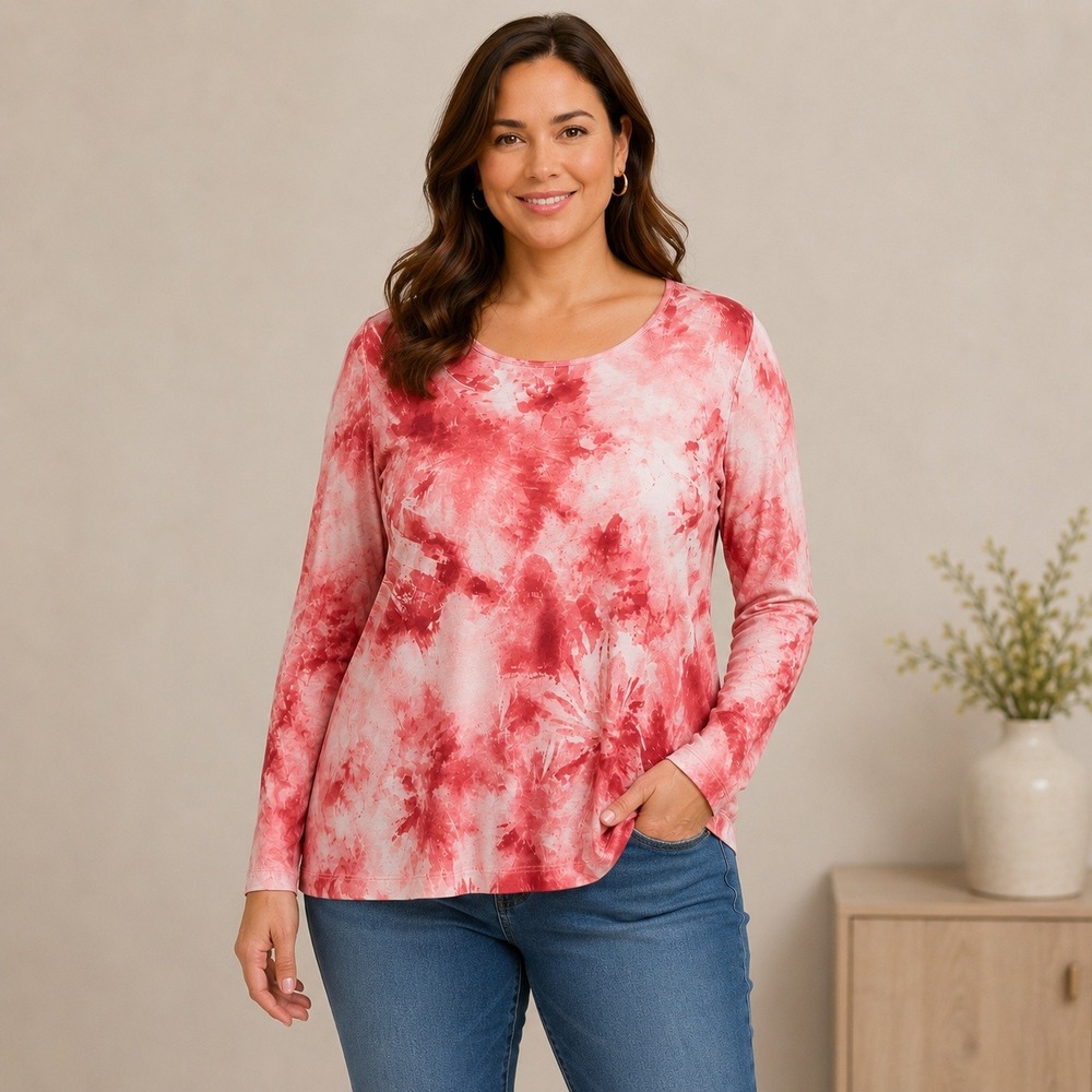 Chicos Pink White Tie Dye Long Sleeve Scoop Neck Top Size 3 XL Jersey Knit
